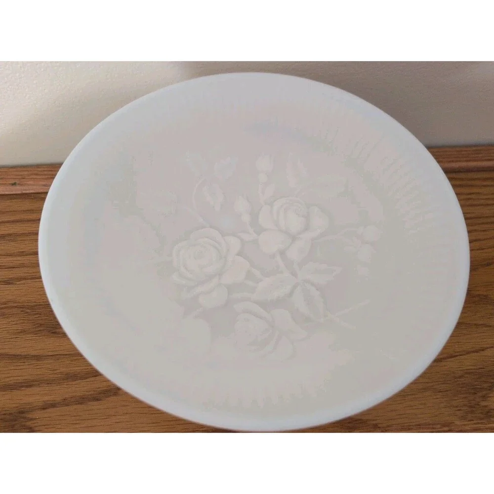 Imperial Frosted White Milk Glass Footed Bowl Rose Pattern Cottage Core